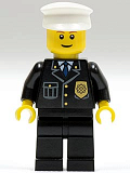 LEGO cty0005 Police - City Suit with Blue Tie and Badge, Black Legs, White Hat, Brown Eyebrows, Thin Grin