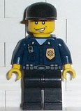 LEGO wc005 Police - World City Patrolman, Dark Blue Shirt with Badge and Radio, Black Legs, Black Cap, Smile